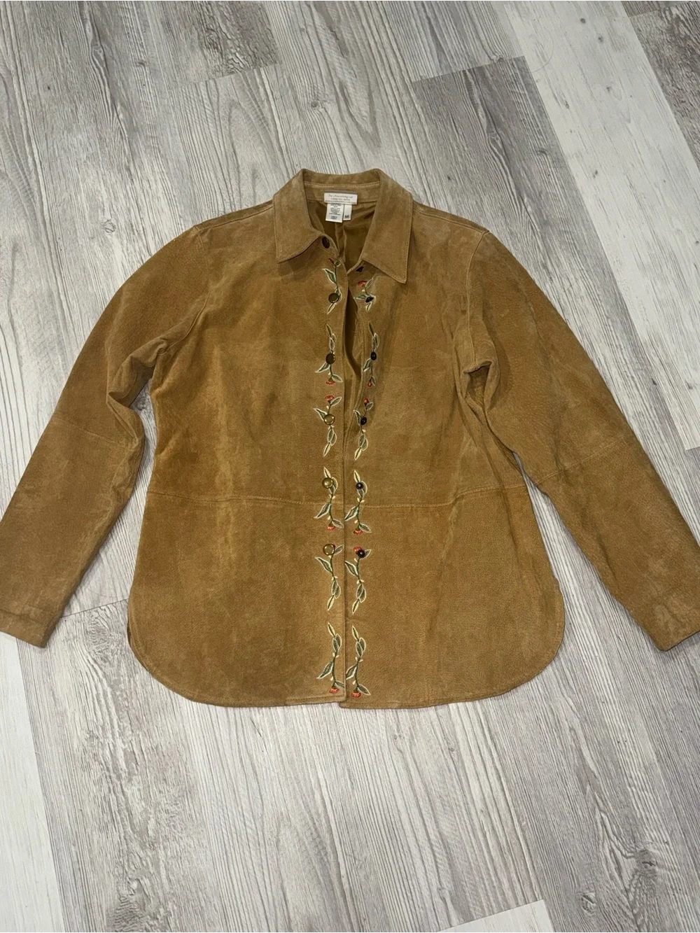 Coldwater Creek Tan Leather Jacket with Floral Embroidery